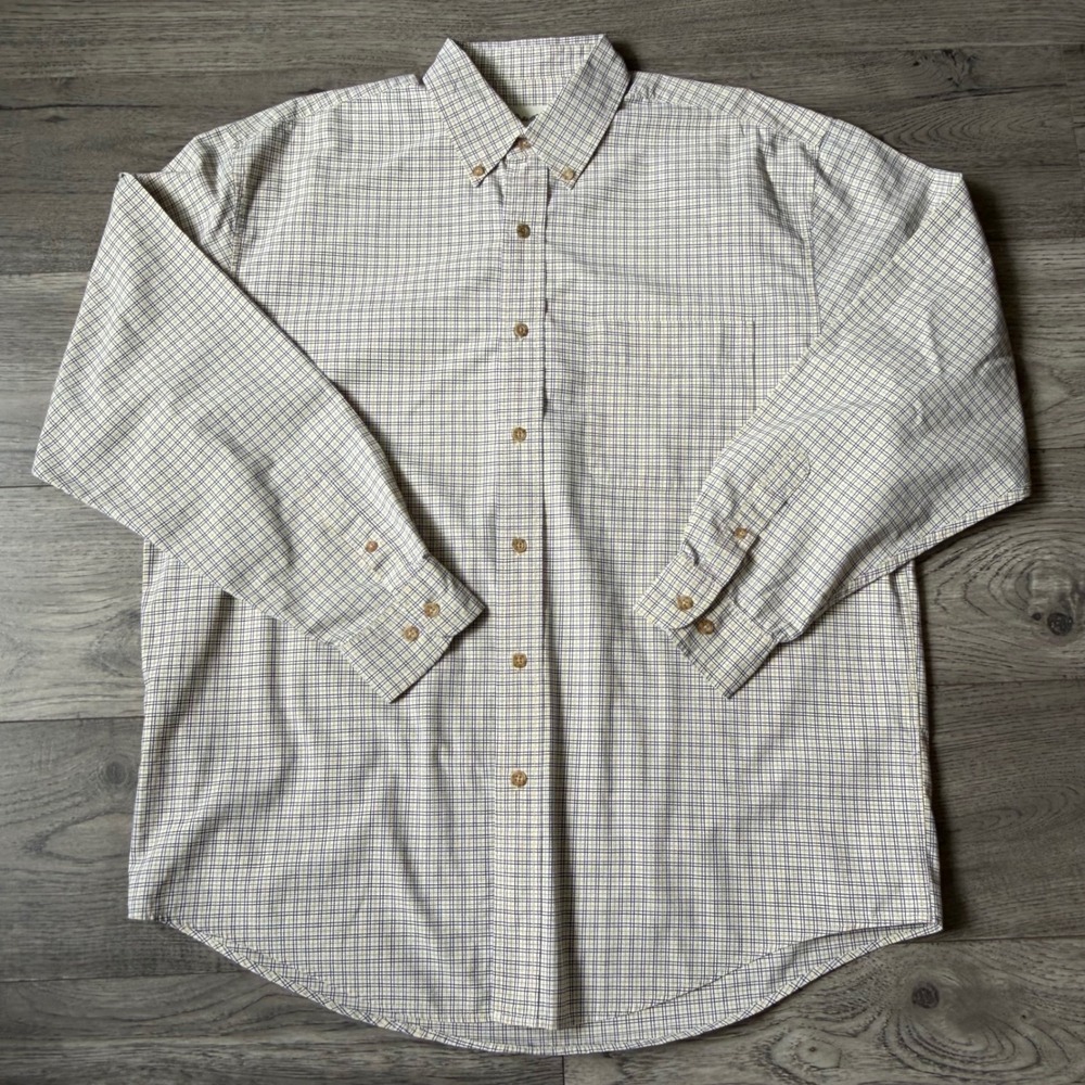 Eddie Bauer Mens Plaid Button Down Shirt Yellow Blue White Cotton Medium